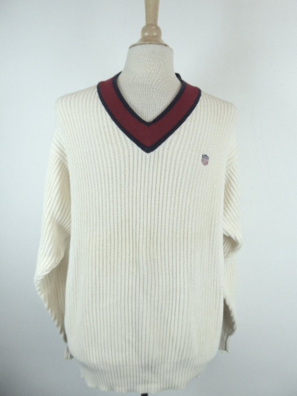 Ralph Lauren v neck tennis flag sweater htf L Vintage rare white red blue
